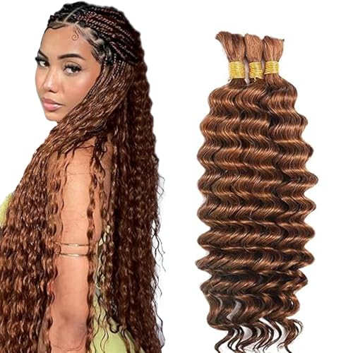 Hxxcoup Human Braiding Hair for Boho Braids Deep Wave Bulk Total 150g 3 Bundles 24 24 24 Inch Human Hair Extension Menschliches Haar Unprocessed No Weft #30 Light Brown for Women von Hxxcoup