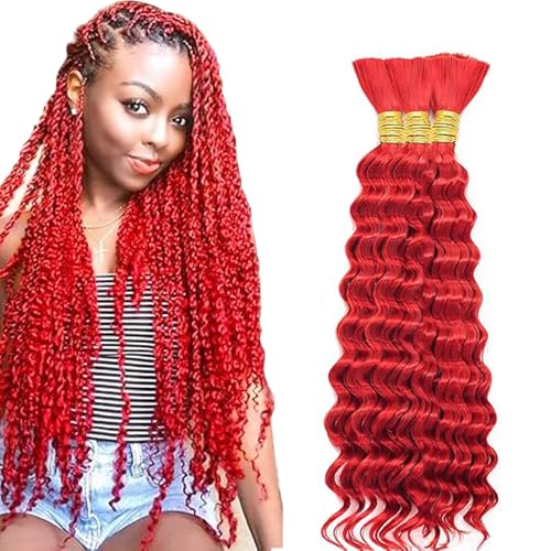 Hxxcoup Human Braiding Hair for Boho Braids Deep Wave Bulk Total 150g 3 Bundles 24 24 24 Inch Human Hair Extension Menschliches Haar Unprocessed No Weft Red Color for Women von Hxxcoup