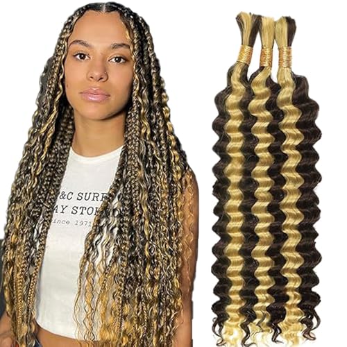 Hxxcoup Human Braiding Hair for Boho Braids Deep Wave Bulk Total 150g 3 Bundles 26 26 26 Inch Human Hair Extension Menschliches Haar Unprocessed No Weft P4/613 Highlight Blond for Women von Hxxcoup