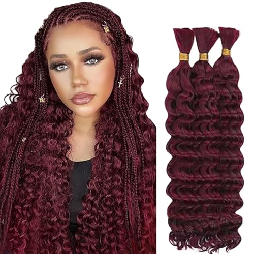 Hxxcoup Human Braiding Hair for Boho Braids Deep Wave Bulk Total 150g 3 Bundles 28 28 28 Inch Human Hair Extension Menschliches Haar Unprocessed No Weft #99J Burgundy for Women von Hxxcoup