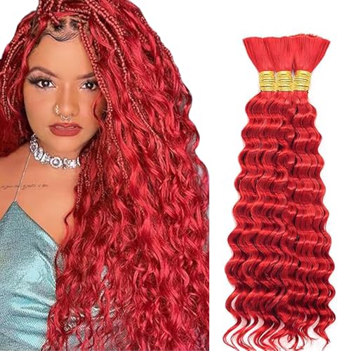 Hxxcoup Human Braiding Hair for Boho Braids Deep Wave Bulk Total 150g 3 Bundles 28 28 28 Inch Human Hair Extension Menschliches Haar Unprocessed No Weft Red Color for Women von Hxxcoup