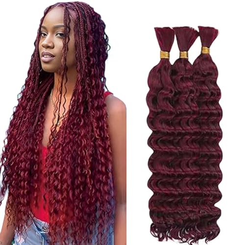 Hxxcoup Human Braiding Hair for Boho Braids Deep Wave Bulk Total 150g 3 Bundles 32 32 32 Inch Human Hair Extension Menschliches Haar Unprocessed No Weft #99J Burgundy for Women von Hxxcoup
