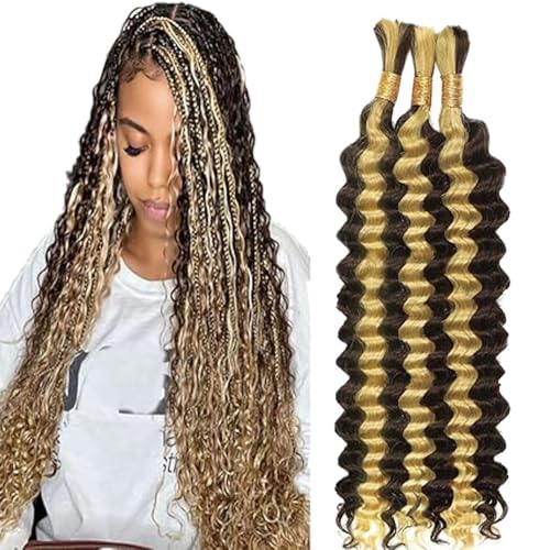 Hxxcoup Human Braiding Hair for Boho Braids Deep Wave Bulk Total 150g 3 Bundles 32 32 32 Inch Human Hair Extension Menschliches Haar Unprocessed No Weft P4/613 Highlight Blond for Women von Hxxcoup