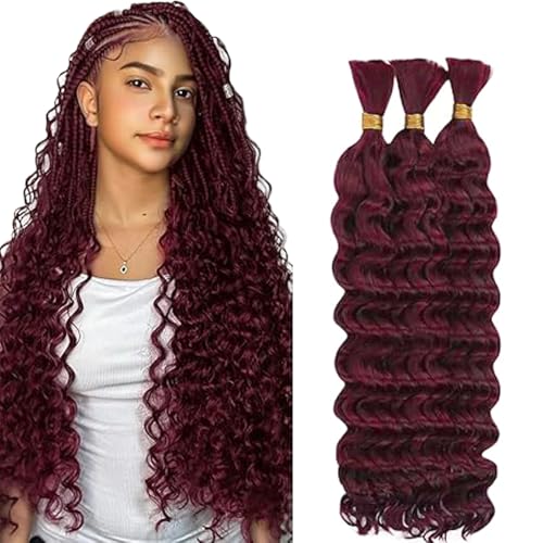 Hxxcoup Human Braiding Hair for Boho Braids Deep Wave Bulk Total 150g 3 Bundles 34 34 34 Inch Human Hair Extension Menschliches Haar Unprocessed No Weft #99J Burgundy for Women von Hxxcoup