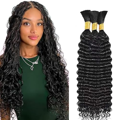 Hxxcoup Human Braiding Hair for Boho Braids Deep Wave Bulk Total 150g 3 Bundles 34 34 34 Inch Human Hair Extension Menschliches Haar Unprocessed No Weft Nautral Black Color for Women von Hxxcoup