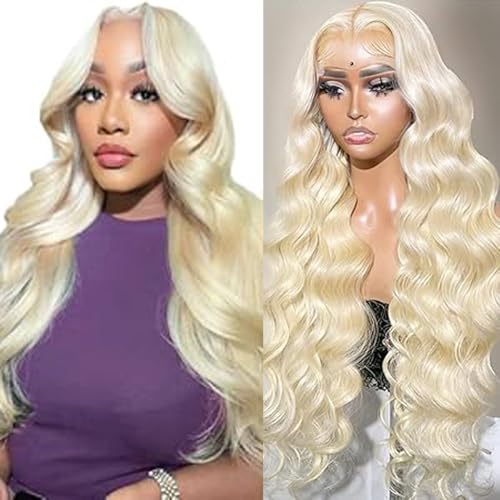 Hxxcoup Human Hair Wig Body Wave 13x4 Lace Front #613 Blonde Echthaar Perücke Perücke Damen Glueless Wear and Go Blenched Knots with Baby Hair for Woman Minimal Smell 16 Zoll von Hxxcoup