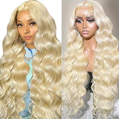Hxxcoup Human Hair Wig Body Wave 13x4 Lace Front #613 Blonde Echthaar Perücke Perücke Damen Glueless Wear and Go Blenched Knots with Baby Hair for Woman Minimal Smell 30 Zoll von Hxxcoup