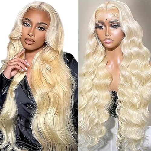 Hxxcoup Human Hair Wig Body Wave 13x4 Lace Front #613 Blonde Echthaar Perücke Perücke Damen Glueless Wear and Go Blenched Knots with Baby Hair for Woman Minimal Smell 34 Zoll von Hxxcoup