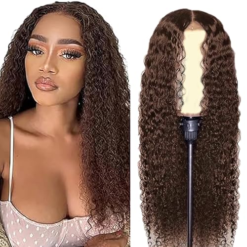 Hxxcoup Human Hair Wig Curly Wave Echthaar Perücke für Damen Perücken 5X5 Lace Front #4 Chocolate Real Hair 100% Unprocessed Brazilian Virgin Hair Glueless Wear and Go for Woman 18 Zoll von Hxxcoup