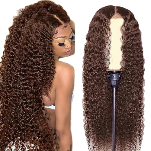 Hxxcoup Human Hair Wig Curly Wave Echthaar Perücke für Damen Perücken 5X5 Lace Front #4 Chocolate Real Hair 100% Unprocessed Brazilian Virgin Hair Glueless Wear and Go for Woman 20 Zoll von Hxxcoup