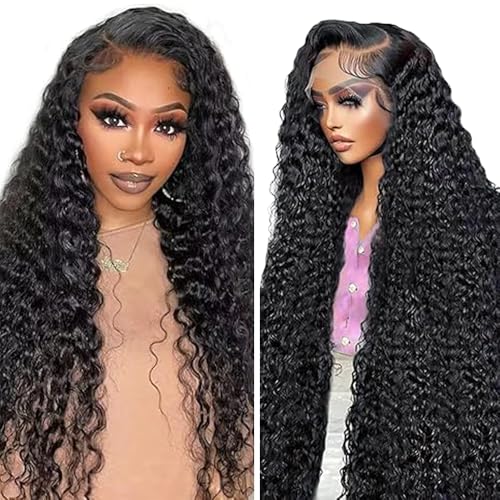Hxxcoup Human Hair Wig Curly Wave Natural Black 13x4 Lace Front Echthaar Perücke Perücke Damen Glueless Wear and Go Blenched Knots with Baby Hair for Woman Minimal Smell 16 Zoll von Hxxcoup