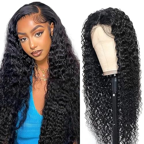 Hxxcoup Human Hair Wig Curly Wave Natural Black Echthaar Perücke für Damen Perücken 5X5 Lace Front Real Hair 100% Unprocessed Brazilian Virgin Hair Glueless Wear and Go for Woman 18 Zoll von Hxxcoup