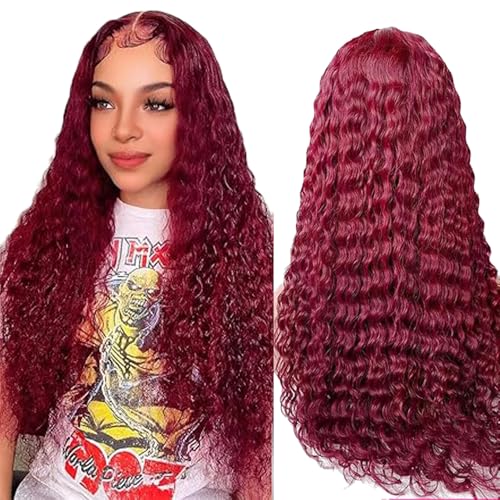 Hxxcoup Human Hair Wig Deep Wave Burgundy Echthaar Perücke für Damen Perücken 5X5 Lace Front #99J Real Hair 100% Unprocessed Brazilian Virgin Hair Glueless Wear and Go for Woman 26 Zoll von Hxxcoup