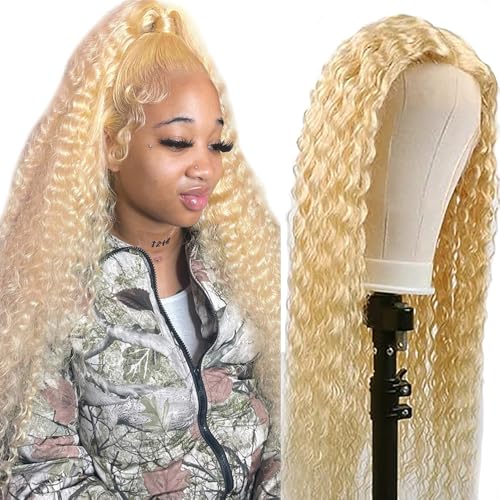 Hxxcoup Human Hair Wig Echthaar Perücke Curly Wave 4x1 Lace Frontal Wig Blonde Perücke Echthaar 613 Perücke Damen Brazilian Virgin Hair Wig Ombre Color Curly Wave Hair No Tangle 20 Zoll von Hxxcoup