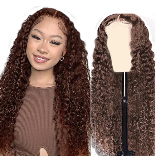 Hxxcoup Human Hair Wig Echthaar Perücke Deep Wave Glueless Wig 4x1 Lace Frontal Wig Chocolate Brown Perücke Echthaar Perücke Damen Brazilian Virgin Hair Wig #4 Color Deep Wave No Tangle 30 Zoll von Hxxcoup