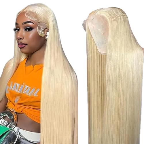 Hxxcoup Human Hair Wig Straight 13x4 Lace Front #613 Blonde Echthaar Perücke Perücke Damen Glueless Wear and Go Blenched Knots with Baby Hair for Woman Minimal Smell 34 Zoll von Hxxcoup
