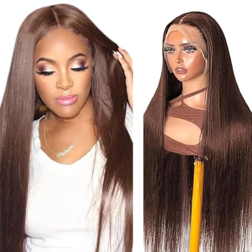 Hxxcoup Human Hair Wig Straight #4 Chocolate Brown 13x4 Lace Front Echthaar Perücke Perücke Damen Glueless Wear and Go Blenched Knots with Baby Hair for Woman Minimal Smell 18 Zoll von Hxxcoup
