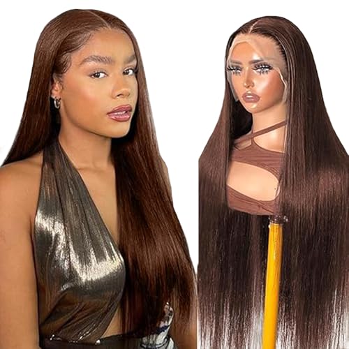 Hxxcoup Human Hair Wig Straight #4 Chocolate Brown 13x4 Lace Front Echthaar Perücke Perücke Damen Glueless Wear and Go Blenched Knots with Baby Hair for Woman Minimal Smell 20 Zoll von Hxxcoup