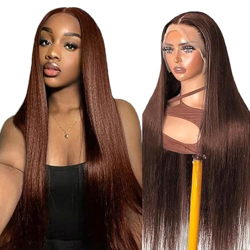 Hxxcoup Human Hair Wig Straight #4 Chocolate Brown 13x4 Lace Front Echthaar Perücke Perücke Damen Glueless Wear and Go Blenched Knots with Baby Hair for Woman Minimal Smell 22 Zoll von Hxxcoup