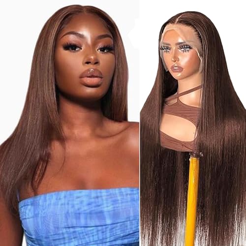 Hxxcoup Human Hair Wig Straight #4 Chocolate Brown 13x4 Lace Front Echthaar Perücke Perücke Damen Glueless Wear and Go Blenched Knots with Baby Hair for Woman Minimal Smell 28 Zoll von Hxxcoup