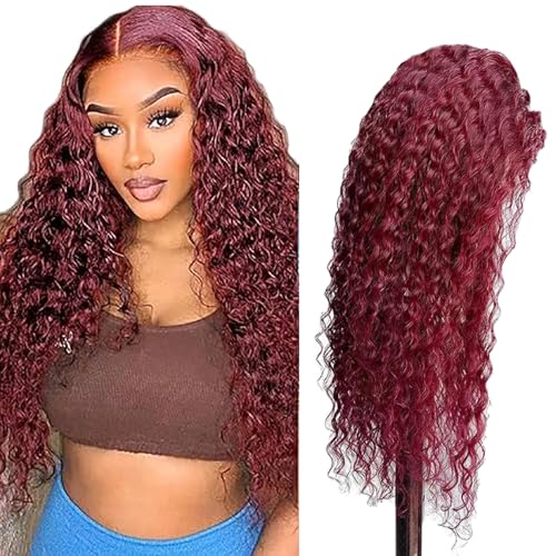 Hxxcoup Human Hair Wig Water Wave Burgundy Echthaar Perücke für Damen Perücken 5X5 Lace Front #99J Real Hair 100% Unprocessed Brazilian Virgin Hair Glueless Wear and Go for Woman 20 Zoll von Hxxcoup