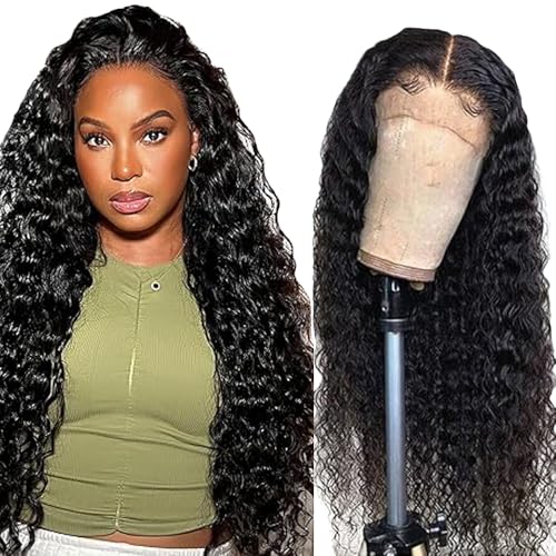 Hxxcoup Human Hair Wig Water Wave Natural Black 13x4 Lace Front Echthaar Perücke Perücke Damen Glueless Wear and Go Blenched Knots with Baby Hair for Woman Minimal Smell 18 Zoll von Hxxcoup