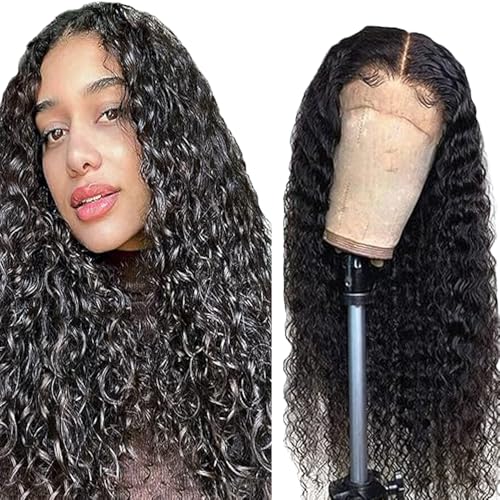 Hxxcoup Human Hair Wig Water Wave Natural Black 13x4 Lace Front Echthaar Perücke Perücke Damen Glueless Wear and Go Blenched Knots with Baby Hair for Woman Minimal Smell 20 Zoll von Hxxcoup