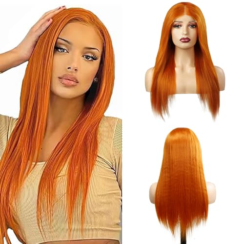 Hxxcoup Orange Wig Perücken Damen Echthaar Straight Human Hair Wig Ginger Orange 4x4 Lace Front Wig Glueless Perücken Transparent Swiss Lace Brazilian Remy Hair Colored Wigs for Woman 22 Zoll von Hxxcoup