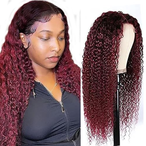 Hxxcoup Perücke Burgundy Human Hair Wig Lace Wig Perücke Damen 4x1 T Part Wig Perücke Damen Echthaar Red Wig Lace Closure Wig with Baby Hair Transparent Swiss Brazilian Remy Hair 28 Zoll von Hxxcoup