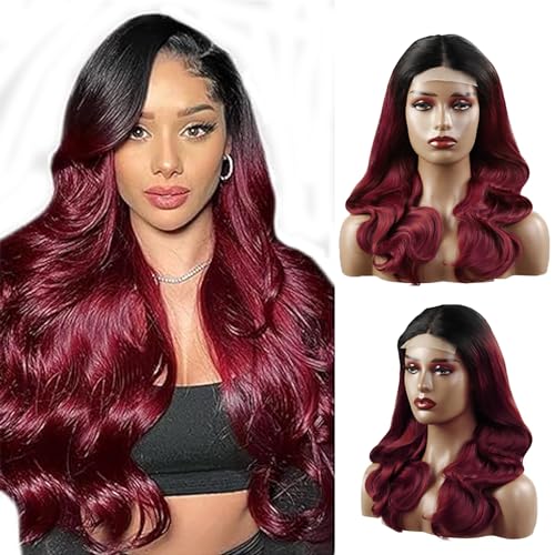 Hxxcoup Perücke Burgundy Human Hair Wig Lace Wig Perücke Damen 4x1 T Part Wig Perücke Damen Echthaar Red Wig Lace Closure Wig with Baby Hair Transparent Swiss Brazilian Remy Hair 28 Zoll von Hxxcoup