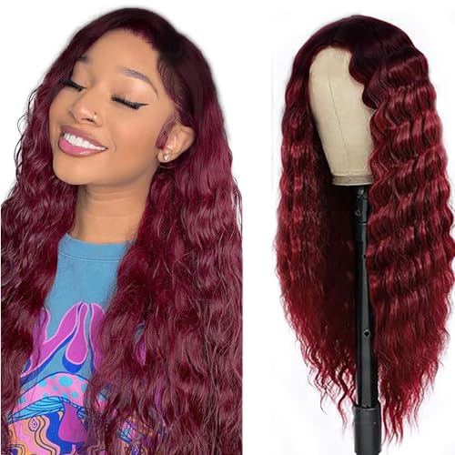 Hxxcoup Perücke Burgundy Human Hair Wig Lace Wig Perücke Damen 4x1 T Part Wig Perücke Damen Echthaar Red Wig Lace Closure Wig with Baby Hair Transparent Swiss Brazilian Remy Hair 28 Zoll von Hxxcoup