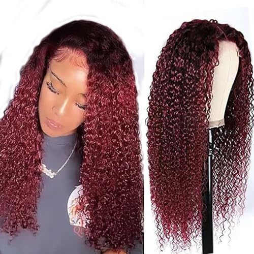 Hxxcoup Perücke Burgundy Human Hair Wig Lace Wig Perücke Damen 4x1 T Part Wig Perücke Damen Echthaar Red Wig Lace Closure Wig with Baby Hair Transparent Swiss Brazilian Remy Hair 28 Zoll von Hxxcoup