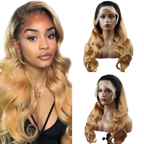 Hxxcoup Perücke Damen Echthaar 13x4 Lace Human Hair Wig 1B/27 Ombre Blonde Body Wave Pre Plucked Hairline with Baby Hair Unprocessed Hair Transparent Lace for Women Minimal Smell 20 Zoll von Hxxcoup