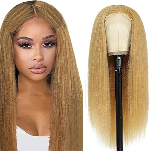 Hxxcoup Perücke Damen Echthaar 13x4 Lace Human Hair Wig #27 Blonde Yaki Wave Pre Plucked Hairline with Baby Hair Unprocessed Hair Transparent Lace for Women Minimal Smell 16 Zoll von Hxxcoup