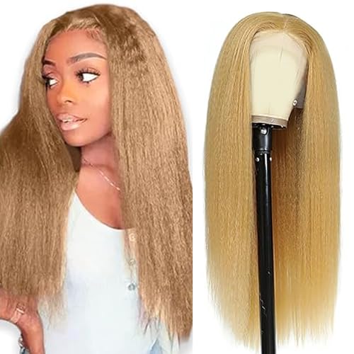 Hxxcoup Perücke Damen Echthaar 13x4 Lace Human Hair Wig #27 Blonde Yaki Wave Pre Plucked Hairline with Baby Hair Unprocessed Hair Transparent Lace for Women Minimal Smell 18 Zoll von Hxxcoup