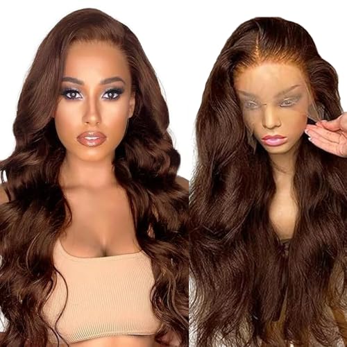Hxxcoup Perücke Damen Echthaar 13x4 Lace Human Hair Wig #4 Deep Brown Body Wave Pre Plucked Hairline with Baby Hair Unprocessed Hair Transparent Lace for Women Minimal Smell 32 Zoll von Hxxcoup