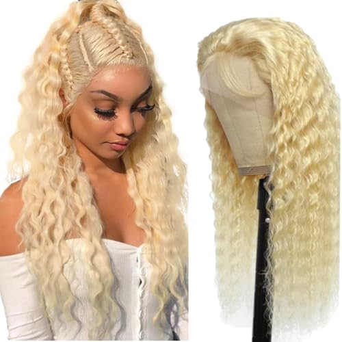Hxxcoup Perücke Damen Echthaar 13x4 Lace Human Hair Wig #613 Blonde Deep Wave Pre Plucked Hairline with Baby Hair Unprocessed Hair Transparent Lace for Women Minimal Smell 18 Zoll von Hxxcoup