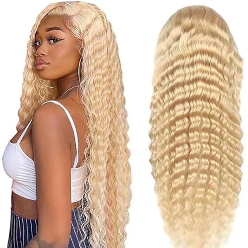 Hxxcoup Perücke Damen Echthaar 4x1 Lace Human Hair Wig #613 Blonde Deep Wave Pre Plucked Hairline with Baby Hair Unprocessed Hair Transparent Lace for Women Minimal Smell 18 Zoll von Hxxcoup