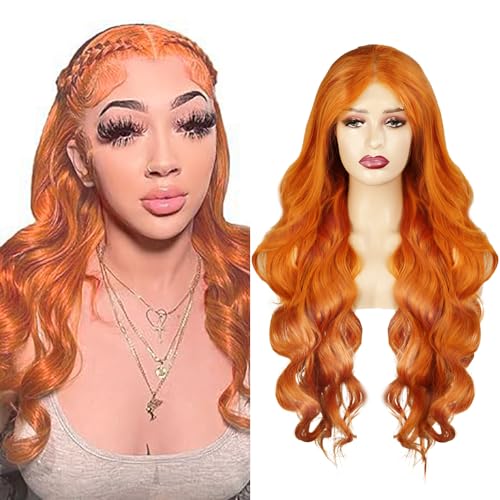 Hxxcoup Perücke Damen Echthaar 4x4 Lace Human Hair Wig Orange Color Body Wave Pre Plucked Hairline with Baby Hair Unprocessed Hair Transparent Lace for Women Minimal Smell 16 Zoll von Hxxcoup