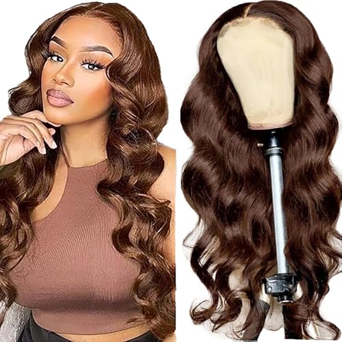 Hxxcoup Perücke Damen Echthaar 5x5 Lace Human Hair Wig #4 Deep Brown Body Wave Pre Plucked Hairline with Baby Hair Unprocessed Hair Transparent Lace for Women Minimal Smell 28 Zoll von Hxxcoup