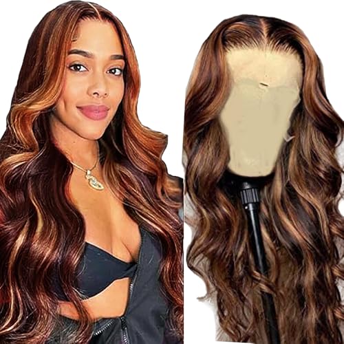Hxxcoup Perücke Damen Echthaar 5x5 Lace Human Hair Wig P4/30 Highlight Brown Body Wave Pre Plucked Hairline with Baby Hair Unprocessed Hair Transparent Lace for Women Minimal Smell 30 Zoll von Hxxcoup