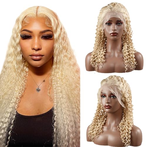 Hxxcoup Perücke Damen Echthaar Perücke Blonde 13x4 Lace Wig Human Hair Wig Curly Wave Perücke Blond Haare Perücken für Unprocessed Brasilianisches Remy Hair Transparent Swiss Lace 22 Zoll von Hxxcoup