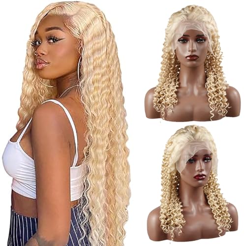 Hxxcoup Perücke Damen Echthaar Perücke Blonde 13x4 Lace Wig Human Hair Wig Deep Wave Perücke Blond Haare Perücken für Unprocessed Brasilianisches Remy Hair Transparent Swiss Lace 22 Zoll von Hxxcoup