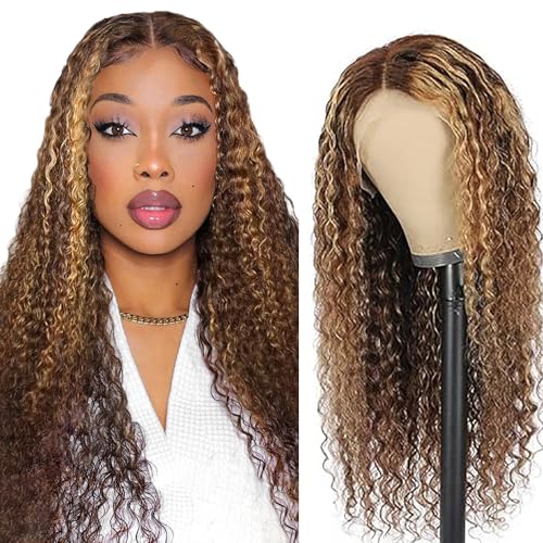 Hxxcoup Perücke Damen Echthaar Perücke Brown Curly Wig13x1 Lace Wig Human Hair Wig Curly Wave Braun Haare Perücken für Unprocessed Brasilianisches Remy Hair Transparent Swiss Lace 22 Zoll von Hxxcoup