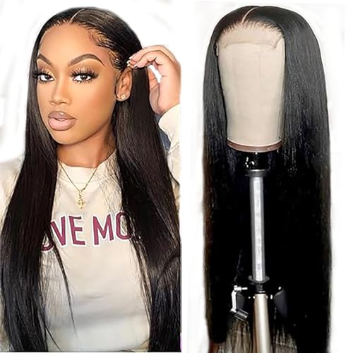 Hxxcoup Perücke Damen Echthaar Perücke Schwarz 5x5 Lace Wig Human Hair Wig Straight Schwarz Haare Perücken für Unprocessed Brasilianisches Remy Hair Transparent Swiss Lace 20 Zoll von Hxxcoup