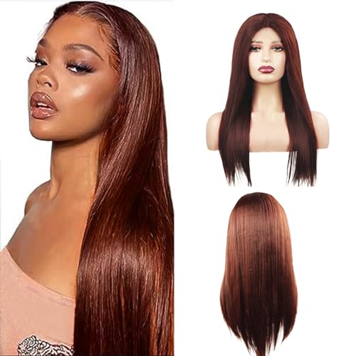 Hxxcoup Perücke Rotbraun Perücke Damen 5x5 Lace Wig Human Hair Wig Lace Front Perücke Damen Echthaar Reddish Wig Lace Closure Wig Perücke Welliges Haar Braun Farbe Lange Perücken 24 Zoll von Hxxcoup