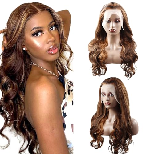 Hxxcoup Perücken Damen Echthaar Body Wave Human Hair Wig Brown Perücken Lace Frontal Wig Glueless Wig Lange Perücken Transparent Swiss Lace Grade 8A 100% Brazilian Remy Hair 22 Zoll von Hxxcoup