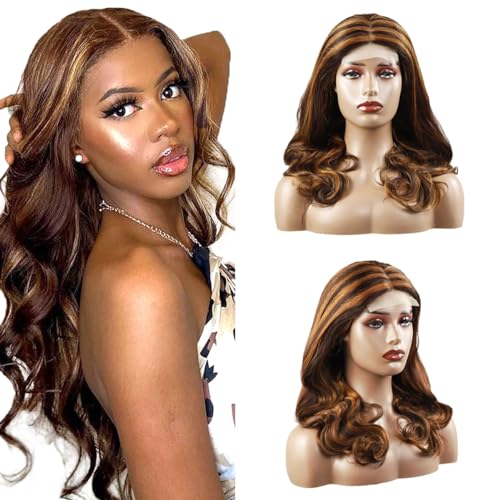 Hxxcoup Perücken Damen Echthaar Body Wave Human Hair Wig Brown Perücken Lace Frontal Wig Glueless Wig Lange Perücken Transparent Swiss Lace Grade 8A 100% Brazilian Remy Hair 26 Zoll von Hxxcoup