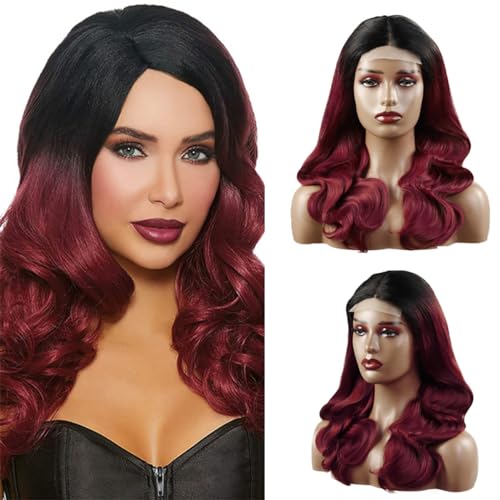 Hxxcoup Perücken Damen Echthaar Body Wave Human Hair Wig Burgudy Perücken Lace Frontal Wig Glueless Wig Lange Perücken Transparent Swiss Lace Grade 8A 100% Brazilian Remy Hair 26 Zoll von Hxxcoup