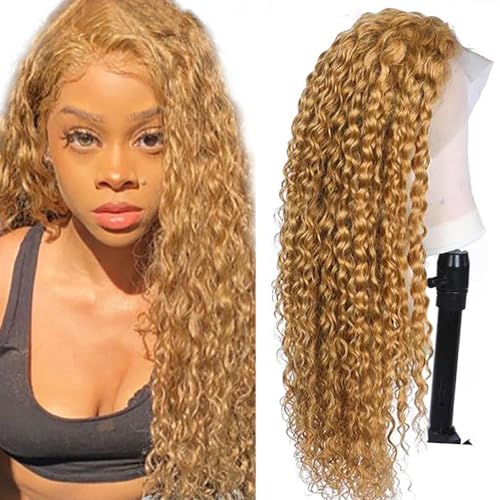 Hxxcoup Perücken Damen Echthaar Curly Wave Human Hair Wig Blonde Perücken Lace Frontal Wig Glueless Wig Lange Perücken Transparent Swiss Lace Grade 8A 100% Brazilian Remy Hair 26 Zoll von Hxxcoup